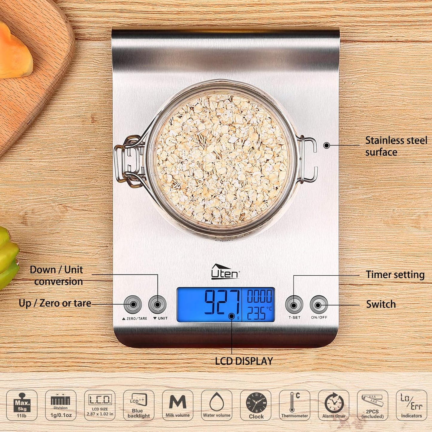 Digital Kitchen Scale Ultra Slim Multifunction Stainless Steel Hook Design Food Scale 11lb 5kg with Back-Lit LCD Display Ideal for Measuring Ingredients and Liquids