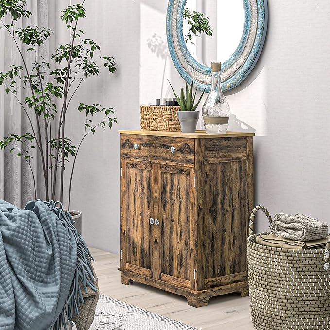 HOMCOM Sideboard with Solid Wood Countertop, Modern Kitchen Storage Cabinet, Coffee Bar Cabinet with 2 Drawers, Doors and Adjustable Shelf, Rustic Brown