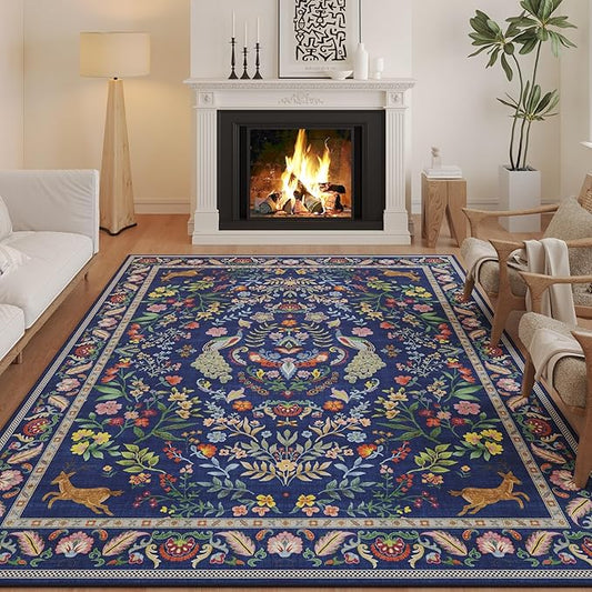 Living Room Rug 6x9 Rug Machine Washable Area Rug Floral Non-Slip Low Pile Large Rug for Living Room, Bedroom, Farmhouse, Dining Room, Kids Playroom(Blue)