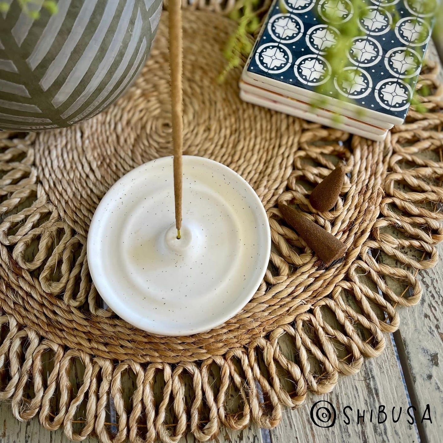 SHIBUSA Ceramic Incense Holder - Modern Minimalist Circular Incense Burner - Wide Ash Catcher - Incense Sticks Not Included White 1