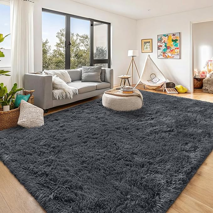 OLANLY 9x12 Machine Washable Large Area Rugs for Living Room, Bedroom, Soft Fluffy Shaggy Bedside Rug, Indoor Floor Carpet for Kids Girls and Boys, Dorms, Nursery, Home Decor Aesthetic, Grey