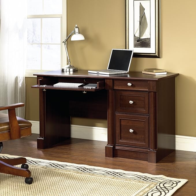 Sauder Palladia Computer Desk with Drawers, Home Office Desk with File Cabinet Storage Drawer, Cable Management, Keyboard Tray, in Select Cherry Finish