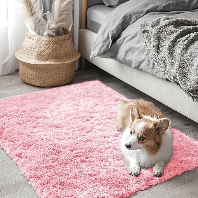 OLANLY 2x3 Machine Washable Small Bedside Rug, Soft Fluffy Shaggy Entryway Throw Rugs for Bedroom, Living Room, Indoor Floor Carpet for Kids Girls and Boys, Nursery Rooms, Home Decor Aesthetic, Pink