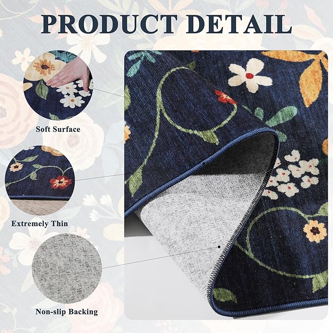 DUKINO 2x6 Runner Rug for Hallway, Washable Kitchen Runner Rug with Non Slip Backing, Low Pile Soft Boho Floral Runner for Kitchen, Hallway, Entryway, Laundry, Bedroom, Dark Blue