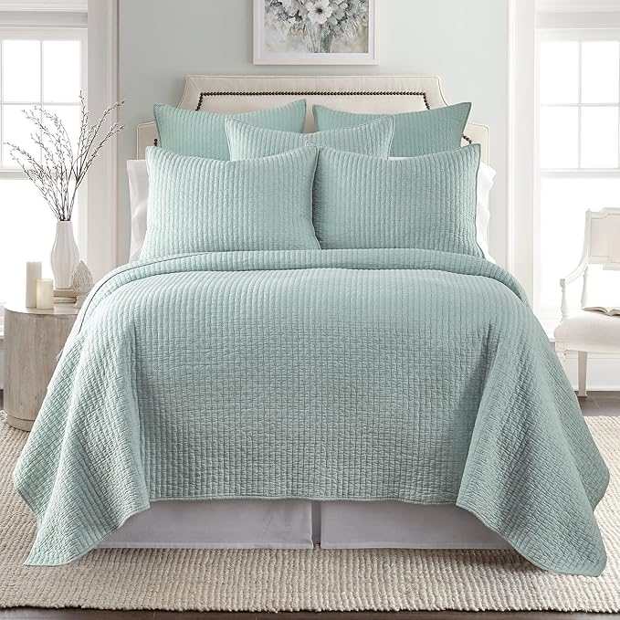 Levtex Home Cross Stitch Reversible Twin XL/Twin Quilt Set (68x86in) with 1 Pillow Sham (26x20in) - Stitch Texture - Blue Haze - Cotton Twin/Twin Size Quilt Bedding Set - Lightweight Soft Pre-Washed