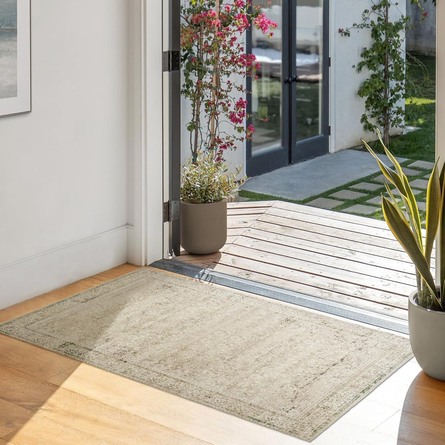 Boho Kitchen Rug Washable,2x3 Non Slip Farmhouse Neutral Small Area Rug for Bathroom Bedroom Indoor Entrway Ultra Thin Fit Under Door,Tan Brown and Cream Beige