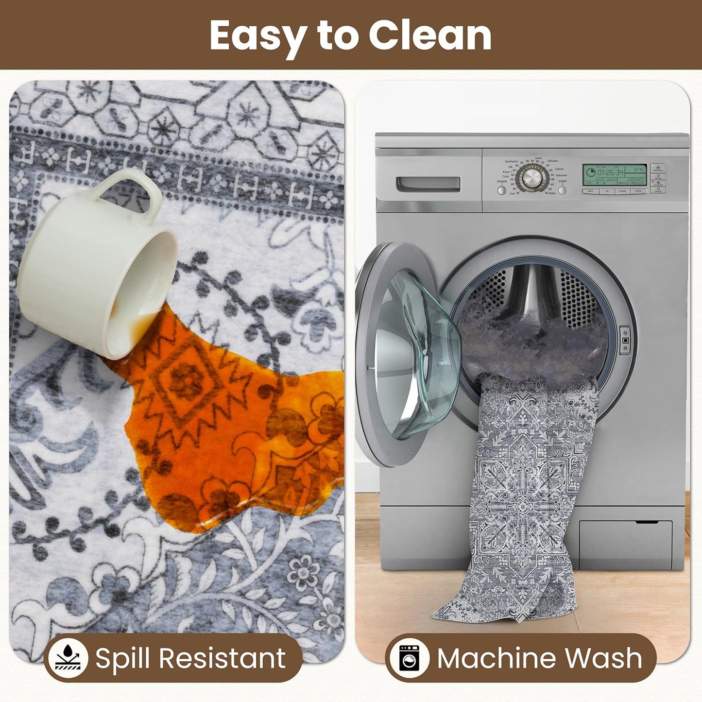 Washable Area Rug 5x8 | Non Slip Area Rug for Living Room, Bedrooms, Dining Room | Ultra-Soft Flannel Carpet Area with Rubber Backing (Frosted Graphite, 5x8)