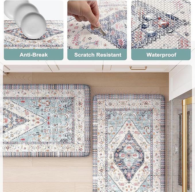 KIMODE Anti Fatigue Mat for Kitchen Floor, Boho Oriental Kitchen Runner Rug, Non Slip Waterproof Kitchen Rug, Vintage Kitchen Mat for Floor, Laundry, Office, Sink, Desk Blue 20"x71"