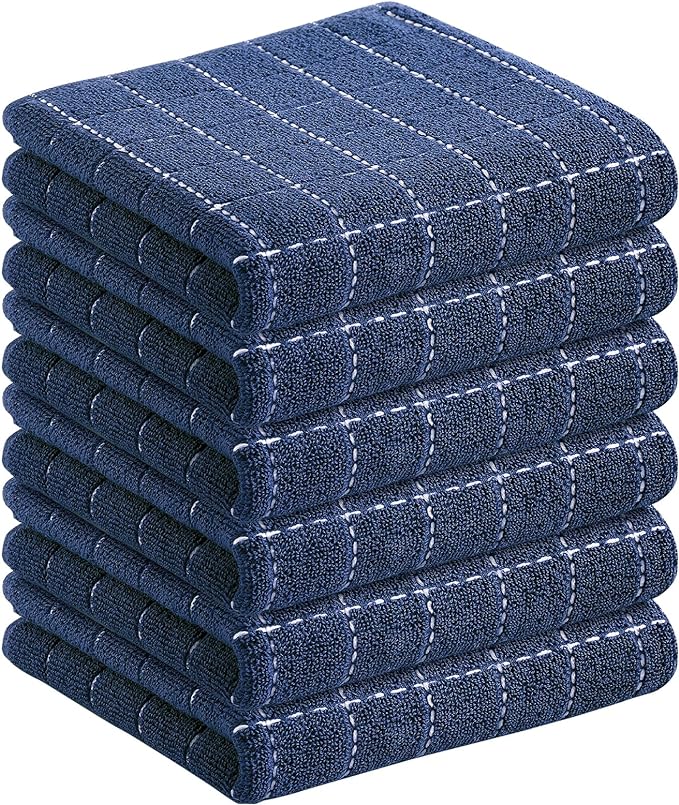 Homaxy 100% Cotton Terry Kitchen Towels(Navy Blue, 13 x 28 inches), Checkered Designed, Soft and Super Absorbent Dish Towels, 6 Pack