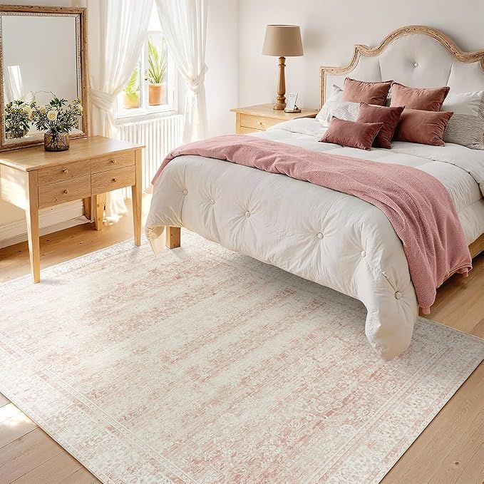 Pink Area Rug for Living Room Soft Washable Faux Wool Neutral Boho Floral Big Nursery Bed Bedroom Livingroom Carpet Size Extra Large Area Rugs 8x10