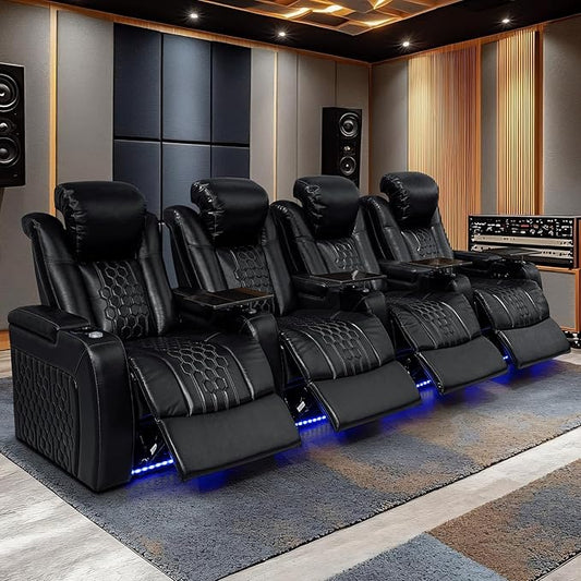 Home Theater Seating, Living Room, Heat & Massage, Powered Headrest, Powered Lumbar, Italian Leather, Powered Recline, Single Recliner (Black, Row of 4)