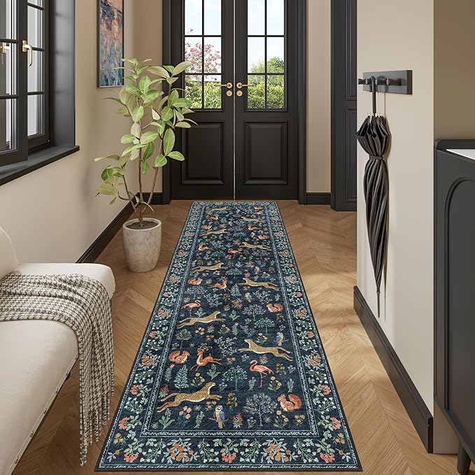 DUKINO 2.6x8 Rug for Hallway, Washable Kitchen Runner Rug with Non Slip Backing, Soft Low Pile Vintage Animal Runner for Bedroom, Kitchen, Hallway, Entryway, Laundry, Navy Blue