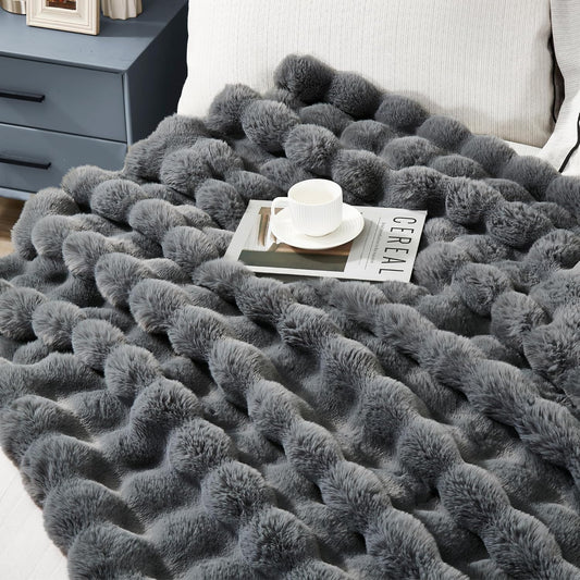 JONIYEAR Solid Thick Fuzzy Bubble Faux Rabbit Fur Blanket Twin Size 60" x 70", Decorative Bumpy Cute Cozy Fluffy Gray Warm Blanket for Winter, Oversized Reversible Poofy Comfy Shag Furry Throw, Grey