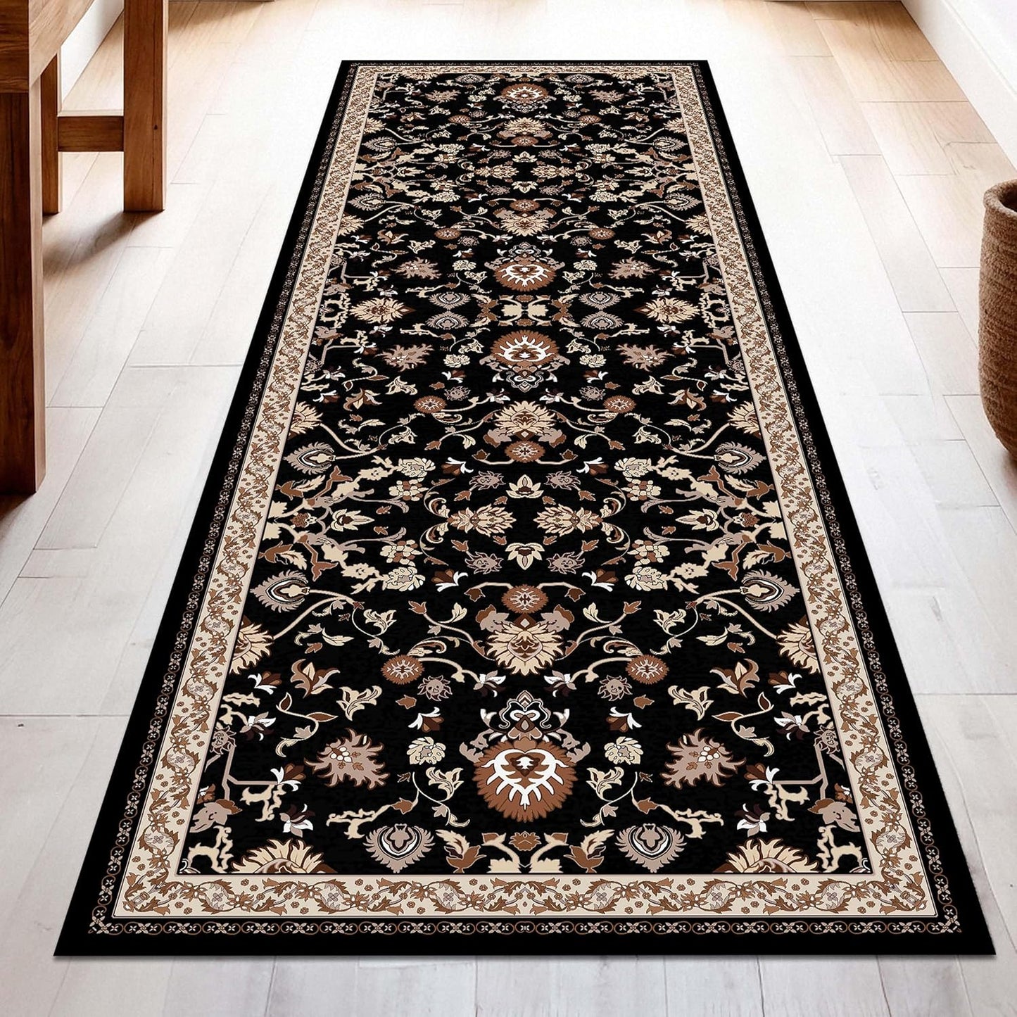 Washable Runner Rug 3x8 | Non Slip Rug Runners for Hallways, Entryways, Kitchens, Bathrooms, Bedrooms | Ultra-Soft Flannel Carpet Runners with Rubber Backing (Black Brown Cream, 3x8)