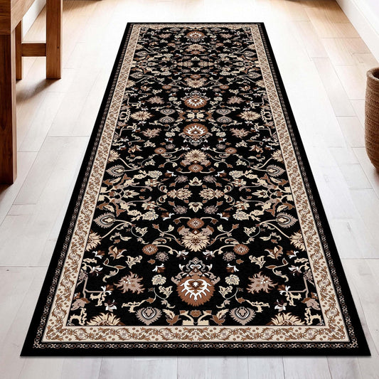 Washable Runner Rug 2x8 | Non Slip Rug Runners for Hallways, Entryways, Kitchens, Bathrooms, Bedrooms | Ultra-Soft Flannel Carpet Runners with Rubber Backing (Black Brown Cream, 2x8)