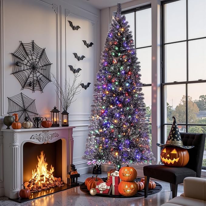 GarveeHome 7.5Ft Prelit Black Christmas Tree with Lights Halloween Tree Slim Artificial Halloween Christmas Tree Artificial Pencil Tree Automatic Branches for Home, Office, Party Decoration