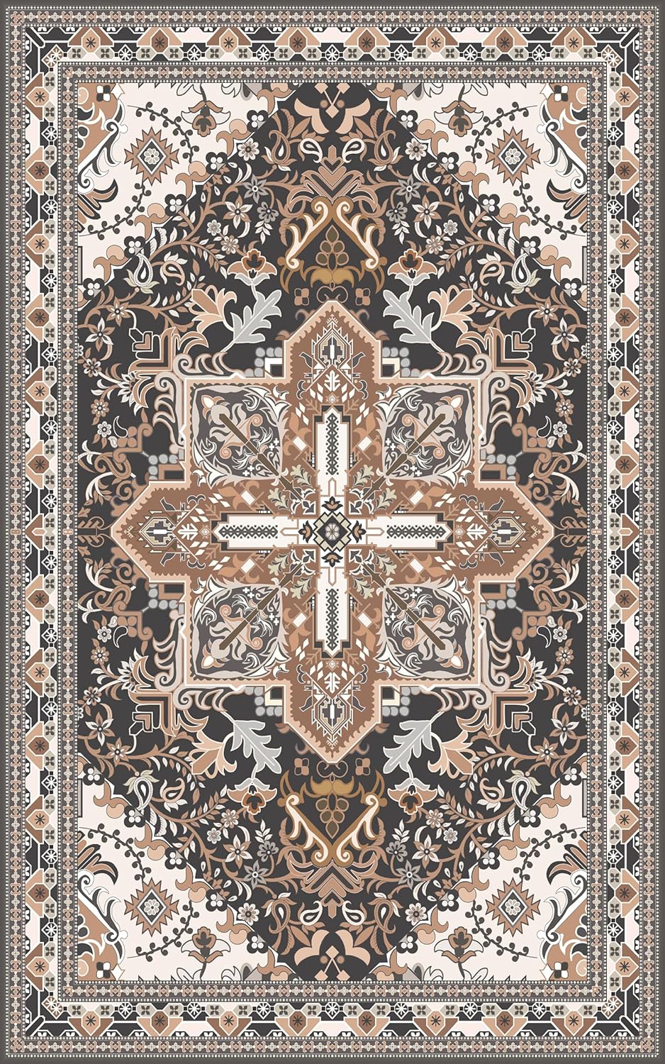 Washable Area Rug 5x8 | Non Slip Area Rug for Living Room, Bedrooms, Dining Room | Ultra-Soft Flannel Carpet Area with Rubber Backing (Black Brown Cream, 5x8)