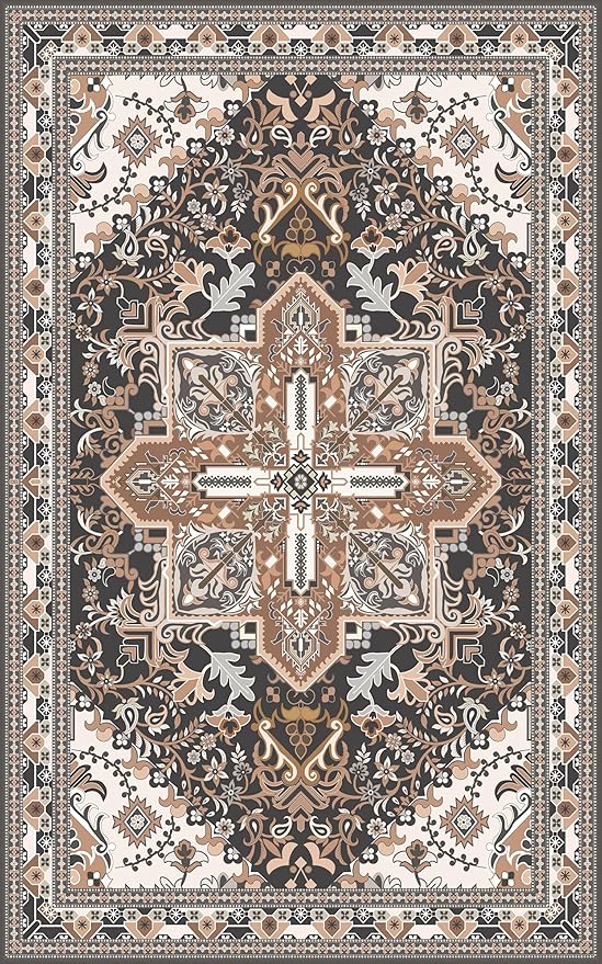 Washable Area Rug 5x8 | Non Slip Area Rug for Living Room, Bedrooms, Dining Room | Ultra-Soft Flannel Carpet Area with Rubber Backing (Black Brown Cream, 5x8)