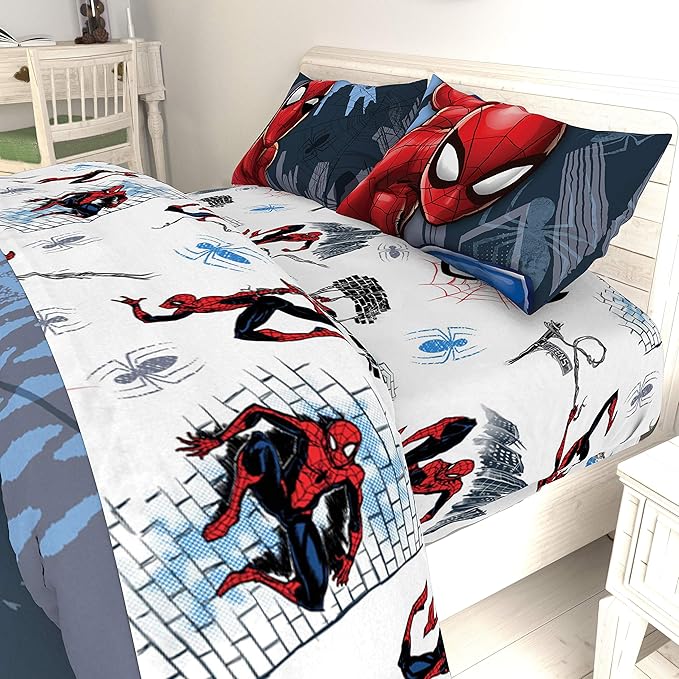 Jay Franco Kids Sheet Set with Fitted, Flat Sheets & Pillow Cover - Ultra-Soft Bedding with Pillowcase for Room Decor, White - Spiderman, 4 Piece Queen