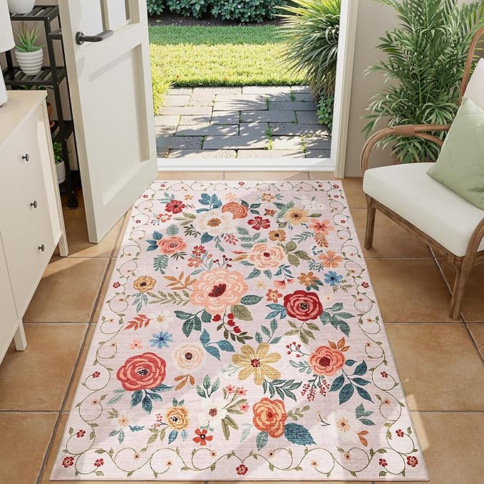 DUKINO 3x4 Area Rug, Lightweight Non Slip Washable Floral Rug, Indoor Low Pile & Non-Shedding Boho Design Carpets for Bedroom, Kitchen, Dining Room, Beige