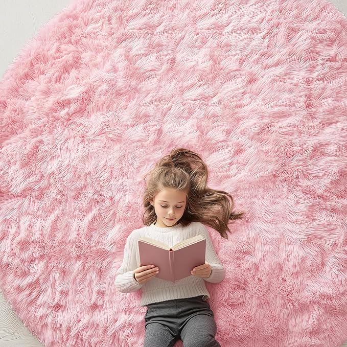 OLANLY Pink Round Rugs for Bedroom - Machine Washable, 8 ft Circle Area Rugs for Living Room, Soft and Fluffy Shaggy Carpet for Teen Girls and Boys, Nursery Rooms, Dorms, Home Decor Aesthetic