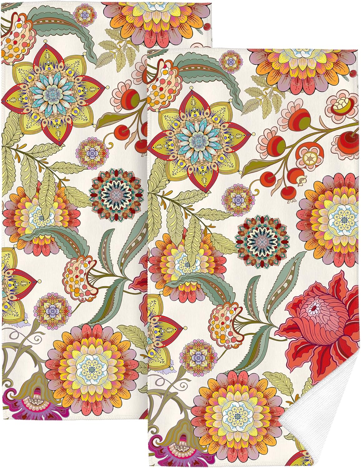 Boho Floral Hand Towels for Bathroom, Colorful Flowers Decorative Bath Towels for Yoga Swim Hotel Spa Kitchen Home Bathroom Decor 14x28 Inch 2 Piece