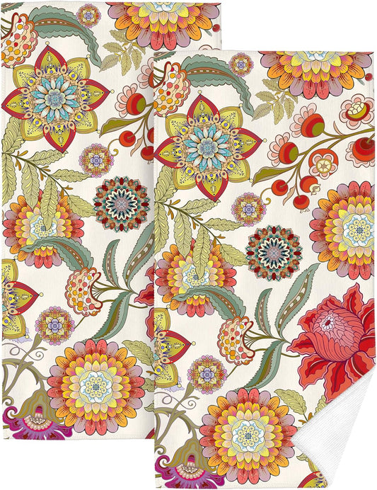 Boho Floral Hand Towels for Bathroom, Colorful Flowers Decorative Bath Towels for Yoga Swim Hotel Spa Kitchen Home Bathroom Decor 14x28 Inch 2 Piece