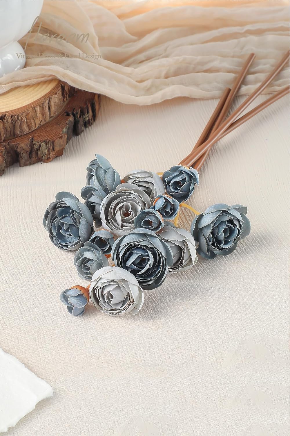 Floroom Ranunculus Artificial Flowers 18 Pcs Dusty Blue Faux Silk Mini Ranunculus Bulk Fake Wedding Filler Flowers for DIY Bouquets, Centerpieces, Bridal Shower Decorations & Arrangements