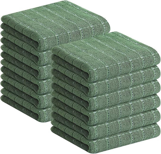 Homaxy 100% Cotton Terry Kitchen Towels(Grass Green, 13 x 28 inches), Checkered Designed, Soft and Super Absorbent Dish Towels, 12 Pack