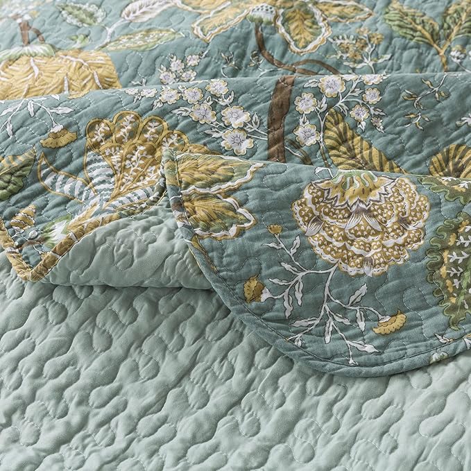 NEWLAKE Cotton Bedspread Quilt Sets-Reversible Patchwork Coverlet Set, Green Floral Pattern, Queen Size