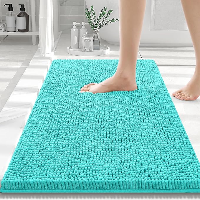 Smiry Luxury Chenille Bathroom Rugs 30x20, Extra Soft and Absorbent Shaggy Bath Mat, Machine Washable, Non-Slip Plush Carpet Runner for Tub, Shower, and Floor, Home Decor Accessories, Turquoise