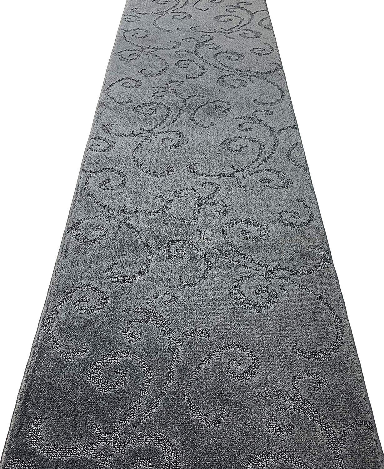 35 FT Long Non Slip Washable Carpet Runner Rug with Rubber Backing, Custom Floor Mat for Kitchen Hallway Stairs Bedroom Bathroom Entry, Scroll Anthracite Grey, Your Choice of Length
