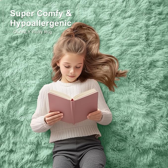 OLANLY Area Rugs for Living Room Bedroom, Machine Washable 4x5.9 ft Soft Fluffy Shaggy Bedside Rug, Indoor Floor Carpet for Kids Girls and Boys, Dorms, Nursery Rooms, Home Decor Aesthetic, Mint Green