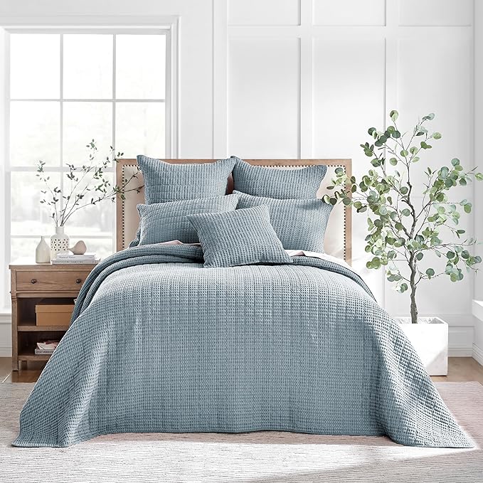 Levtex Home Mills Waffle Twin Bedspread Set (84x104in) with 1 Pillow Sham (26x20in) - Chambray - Cotton Waffle Twin Size Bedspread Set - Lightweight, Soft, Pre-Washed