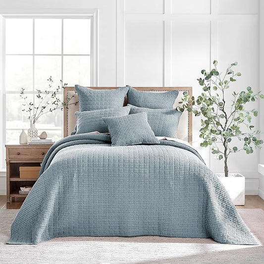 Levtex Home Mills Waffle Twin Bedspread Set (84x104in) with 1 Pillow Sham (26x20in) - Chambray - Cotton Waffle Twin Size Bedspread Set - Lightweight, Soft, Pre-Washed
