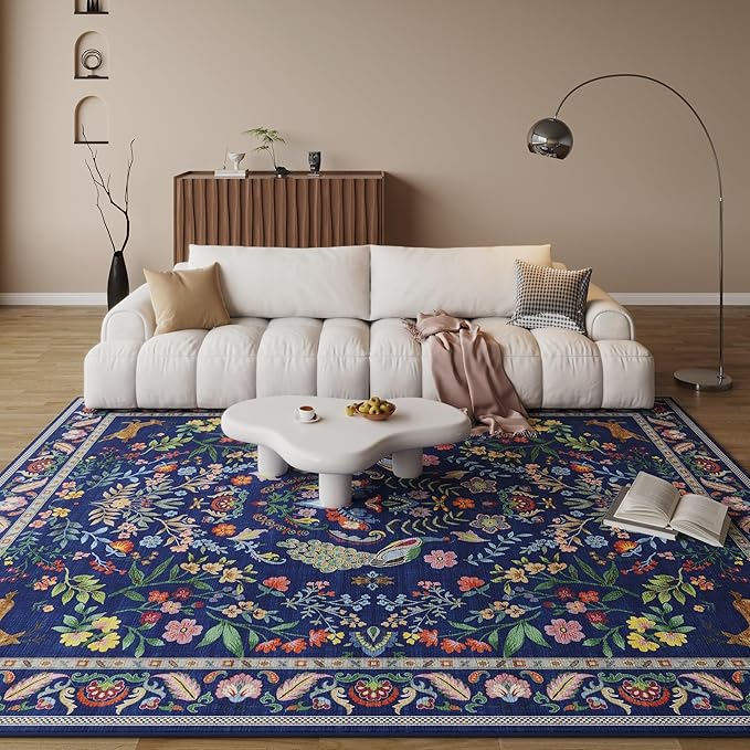 Living Room Rug 5x7 Rug Machine Washable Area Rug Floral Non-Slip Low Pile Large Rugs for Living Room, Bedroom, Farmhouse, Dining Room, Kids Playroom(Blue)