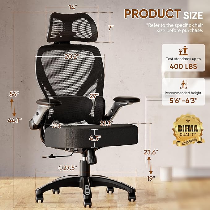 GABRYLLY Ergonomic Office Chair, Home Mesh Desk Chair with Adjustable Lumbar Support, 5D Arms & Wide Seat, 135° Recline Big and Tall Computer Chairs for Work Gaming, Heavy Duty,300LBS