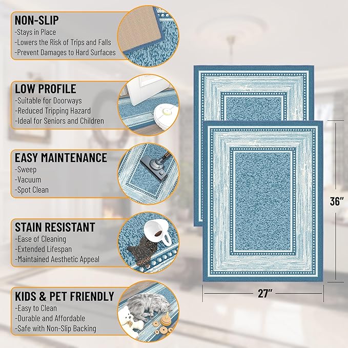 Ottomanson Rugs for Entryway 2'3" x 3' - 2 Pack Non Slip Border Small Area Rugs Durable Front Door Mat Rug Stain Resistant Entrance Rugs for Bathroom Kitchen Bedroom & Living Room, Turquoise