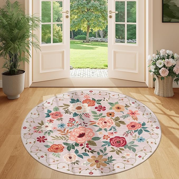 DUKINO Floral Round Rug, 4ft Washable Round Area Rug, Non Slip Indoor Low Pile Circle Rug, Soft Small Boho Design Circle Rug for Bedroom, Entryway, Living Room, Dining Room,Beige