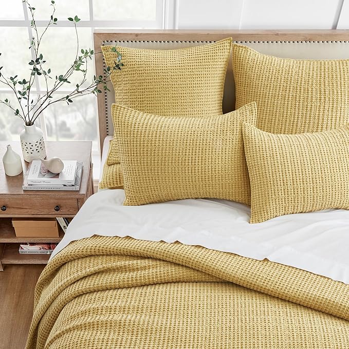 Levtex Home Mills Waffle Queen Bedspread Set (106x106in) with 2 Pillow Shams (26x20in) - Ochre - Cotton Waffle Queen Size Bedspread Set - Lightweight, Soft, Pre-Washed