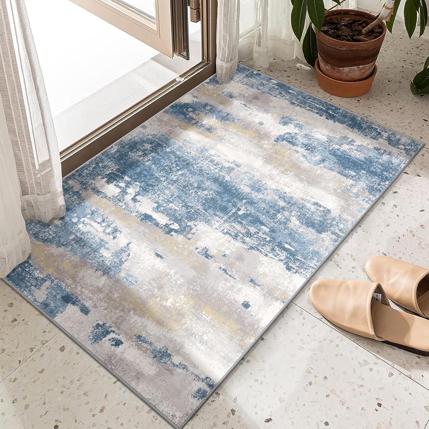 2x3 Rugs for Entryway Entrance Kitchen Bathroom, Machine Washable Modern Abstract Soft Area Rug, Indoor Floor Carpet with Non Slip Rubber Backing, Blue Cream