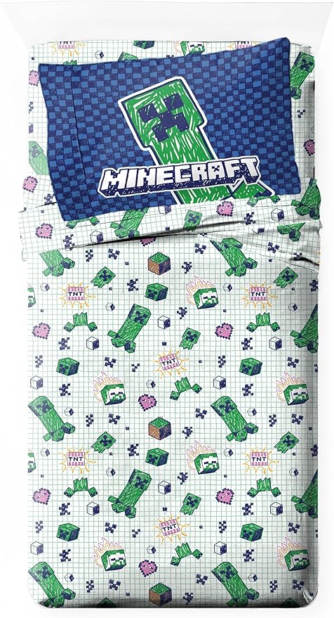Jay Franco Kids Sheet Set with Fitted, Flat Sheets & Pillow Cover - Ultra-Soft Bedding with Pillowcase for Room Decor, Multi - Minecraft, 3 Piece Twin