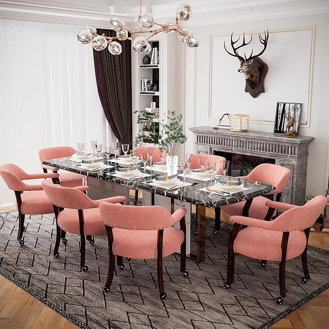 MODERION Dinning Chairs with Wheels and Arms Set of 8, Solid Wood Office Desk Chairs with Frosted Velvet Upholstered, Classic Swivel Accent Chairs, 31.5" H Boss Caption's Chair, Pink, XXY-HT22-PI