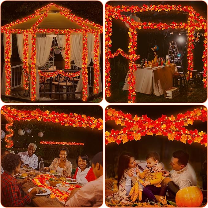 9FT Fall Decor Fall Decorations for Home, 50 Orange Bulbs Plug in Fall Garland with Lights, Connectable Maple Leaves Light for Indoor Outdoor Festival Decorations Fireplace Party