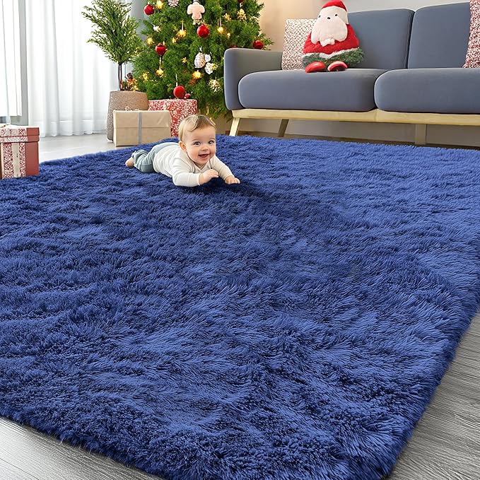 OLANLY 9x12 Machine Washable Large Area Rugs for Living Room, Bedroom, Soft Fluffy Shaggy Bedside Rug, Indoor Floor Carpet for Kids Girls and Boys, Dorms, Nursery, Home Decor Aesthetic, Navy Blue