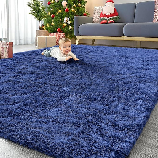 OLANLY 9x12 Machine Washable Large Area Rugs for Living Room, Bedroom, Soft Fluffy Shaggy Bedside Rug, Indoor Floor Carpet for Kids Girls and Boys, Dorms, Nursery, Home Decor Aesthetic, Navy Blue