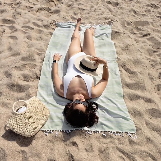 WETCAT Turkish Beach Towel Oversized (38"x71") 100% Turkish Cotton, Made in Turkey - Sand Free, Extra Large, Ultra Soft, Quick Drying, Compact & Lightweight for Travel - Seafoam Green