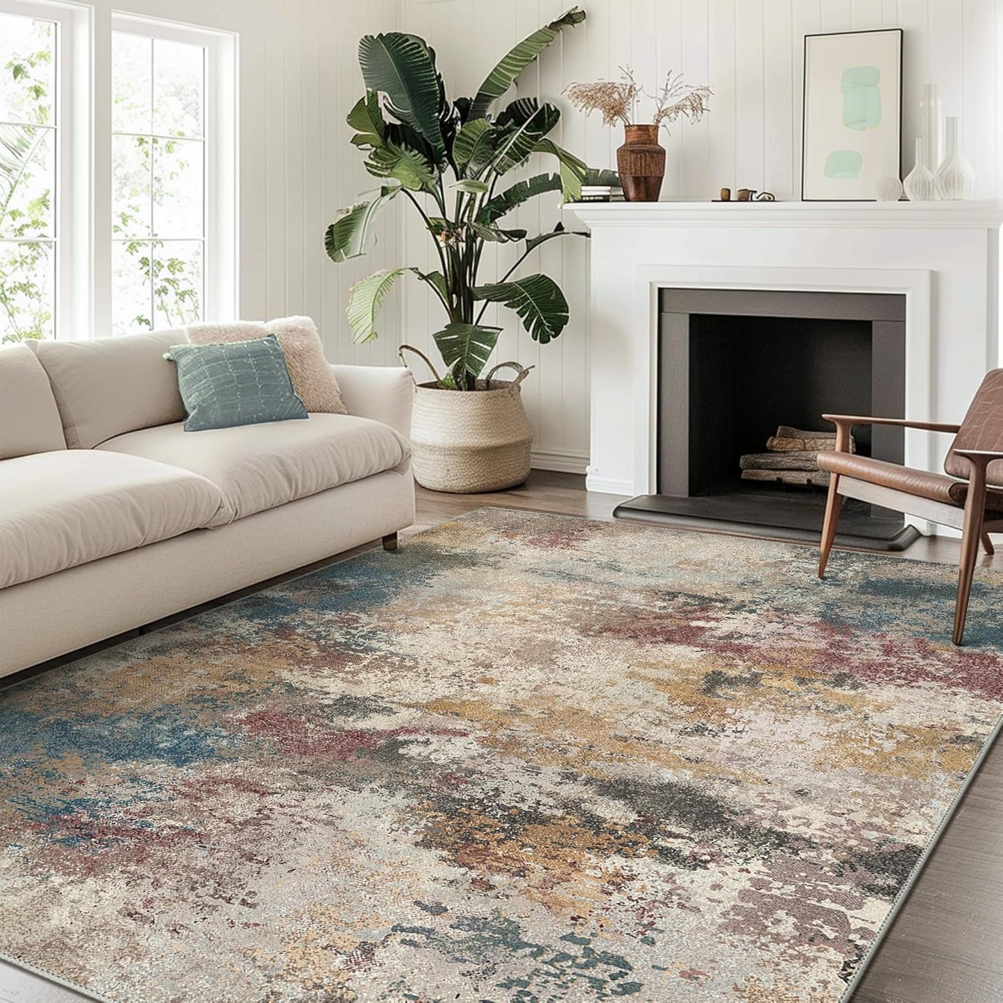 Area Rugs 8x10 Machine Washable Area Rugs for Living Room Bedroom Dining Room, Large Modern Abstract Colorful Soft Rugs, Indoor Low Pile Carpet with Non Slip Rubber Backing, Multi Beige