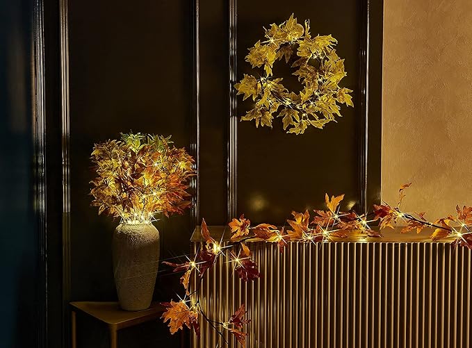 LITBLOOM Lighted Fall Garland with Timer 6FT 24 Warm White LED, Maple Leaf Vine with Lights Battery Operated for Mantle Fireplace Autumn Thanksgiving Harvest Decoration Indoor Outdoor