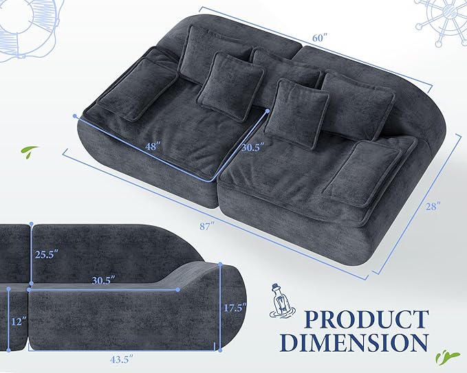 Hobestluk Sectional Sofa Couches 3-Seater Modular Sofa, 87'' Comfy Loveseat with Throw, Deep Seat Small Sofa for Compact Space, Memory Foam Sectional Couches for Living Room, Office, Apartment